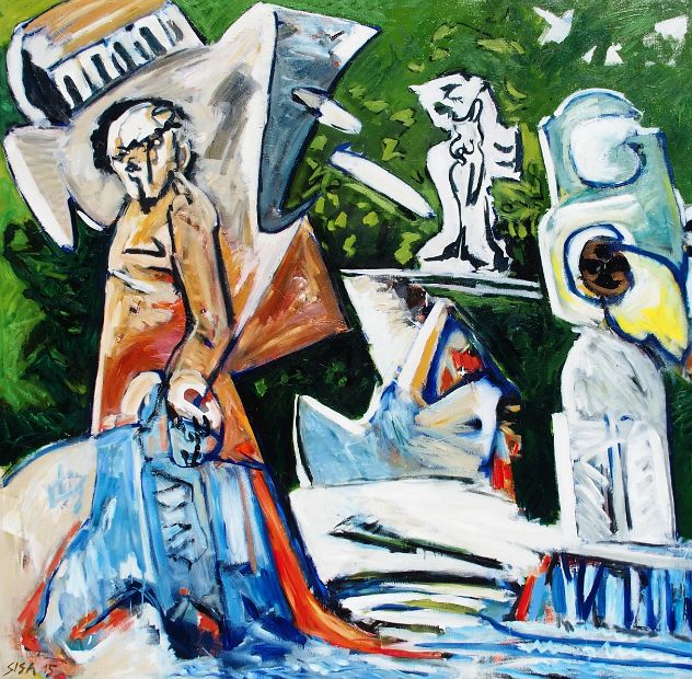 SKULPTURENPARK, Öl auf Jute, 200 x 200 cm